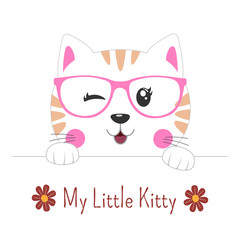 Cute beautiful cartoon face cat in glasses. Vector illustration.