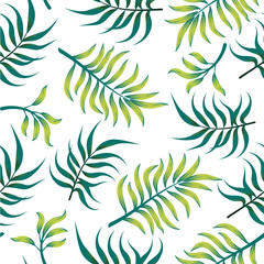 Tropical seamless pattern with green palm leaves on a white background. Exotic wallpaper.
