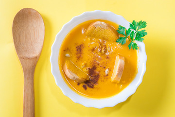 pumpkin vegetable cream on color background