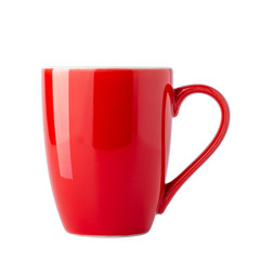 Empty red coffee cup isolated on white background, front view with clipping path.
