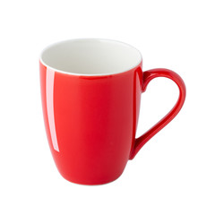 Empty red coffee cup isolated on white background, front view with clipping path.