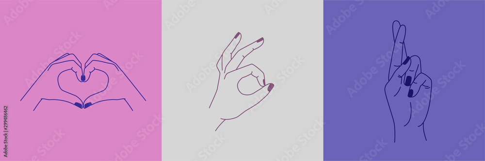 Poster Vector set of abstract logo design templates in simple linear style - hands in different gestures