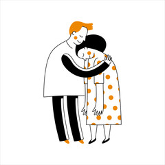 Vector illustration in simple linear style with cute characters - happy couple in love