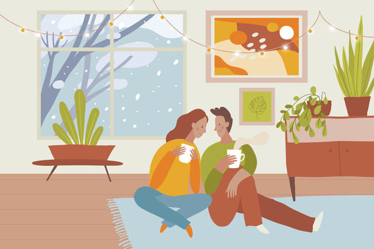 Vector illustration in flat simple style - couple spending time together inside cozy home in winter holiday season