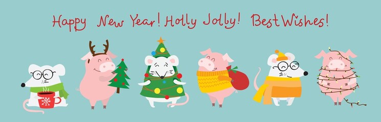 Vector illustration of christmas cats, rats and dogs with Christmas and new year greetings. Cute pets with holiday hats