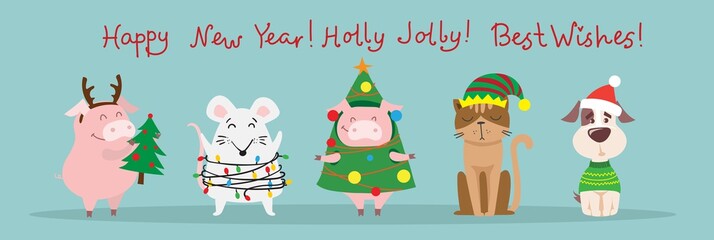 Vector illustration of christmas cats, rats and dogs with Christmas and new year greetings. Cute pets with holiday hats