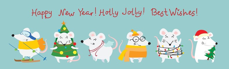 New year and Christmas card background with rats - symbol of the year. Simple illustration for the greeting card