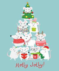 New year and Christmas card background with rats - symbol of the year. Simple illustration for the greeting card