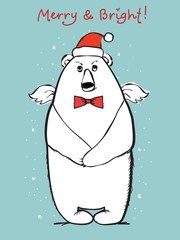 Vector illustration of christmas bear and Christmas and new year greetings. Cute bear with holiday hat