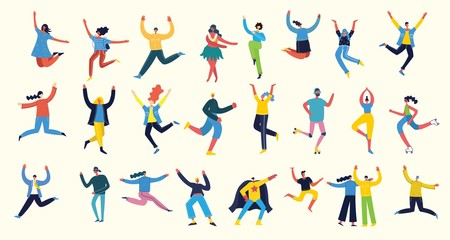 Fototapeta na wymiar Bundle of cartoon men and women performing activities. Flat colorful vector illustration people walking,standing, talking, running, jumping, sitting, dancing