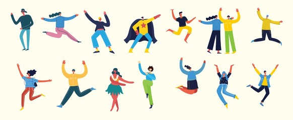 Fototapeta na wymiar Concept of young people jumping and dancing on the light background. Stylish modern vector illustration card with happy male and female teenagers