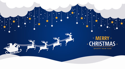 Flat Christmas vector background with santa claus ridding sledge