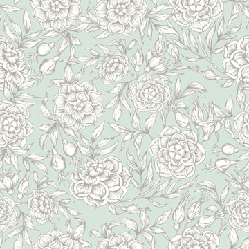 Roses Seamless pattern, background. Graphic drawing, engraving style. Vector illustration. In art nouveau style, vintage, old retro style