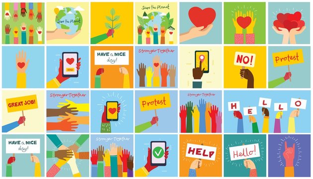 Big set of hands hold banners and phones with different messages. Modern concept for web banners, web sites, infographics. Creative flat design vector illustration