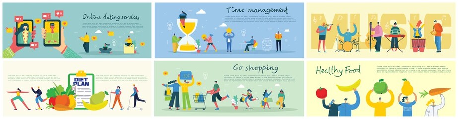 Go shopping, Online dating services, Music, Time management and Healthy food and weight loss banner in the flat design