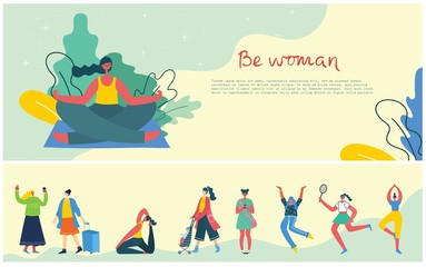 Concept of women unique background. Stylish modern vector illustration card with happy female woman and hand drawing quote Be unique
