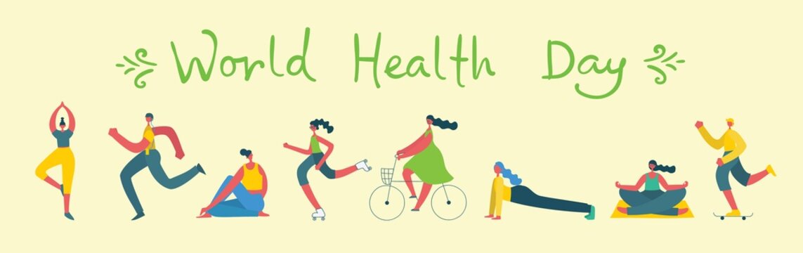 Vector illustration concept flat design of men and women doing sport and healthy lifestyle background - World Health Day