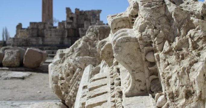 Shift focus between an ornament and Jupiter's Temple, Baalbek, Lebanon