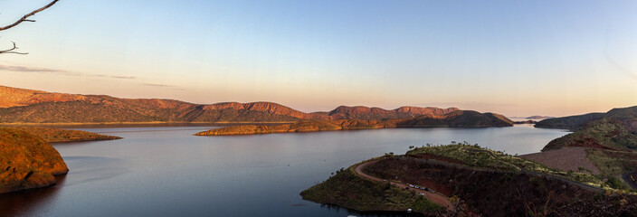 panorama of Lake Argyle. It is Western Australia's largest man-made reservoir by volume. near the East Kimberley town of Ku