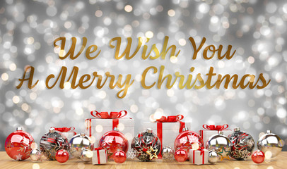 Christmas card greetings with baubles and gifts on wood surface 3D rendering