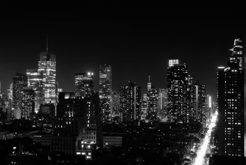 Night view of Midtown Manhattan and Hell's Kitchen, black and white - 299490015