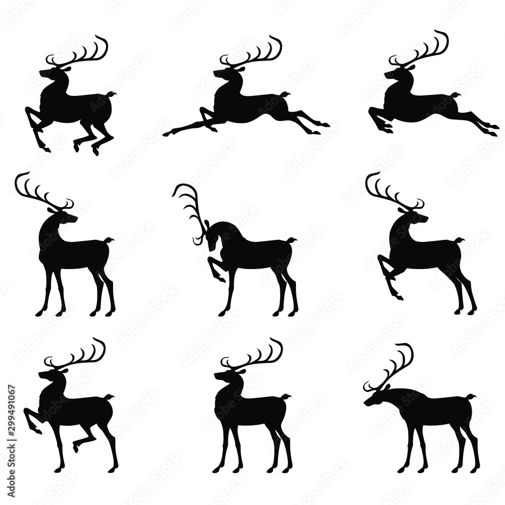 Poster Vector illustrations of Christmas deer silhouette set in different poses