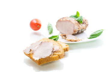 sandwich with home baked meat isolated on white