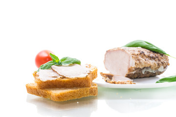 sandwich with home baked meat isolated on white
