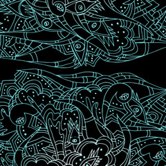 Parts of the body, hands, eyes, lips. Abstract doodle, hand-drawn doodle. Awful, psychedelic ornament
