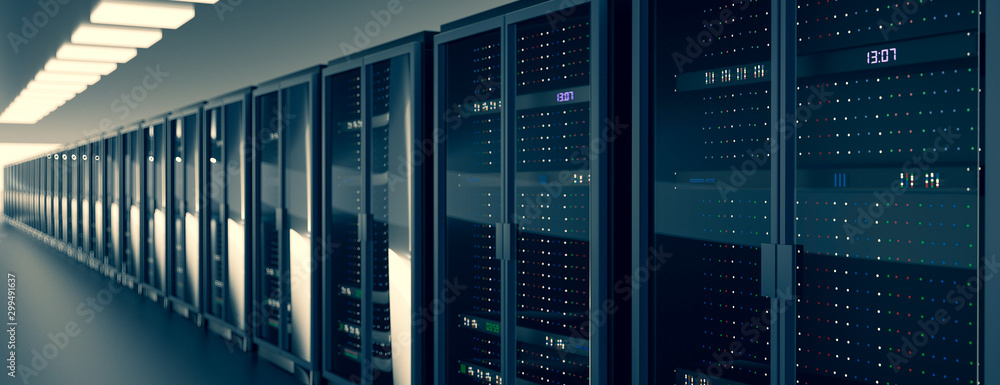 Wall mural server room data center. backup, mining, hosting, mainframe, farm and computer rack with storage inf