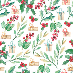 Watercolor seamless pattern with Christmas floral elements. Design illustrations with branches, leaves, berries and gift box for the wrapping paper, textile fabric and wallpaper decor.