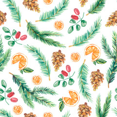 Watercolor seamless pattern with Christmas floral elemens fir branches and fir cones , orange, briers The illustration for the wrapping paper, textile fabric and wallpaper decor.