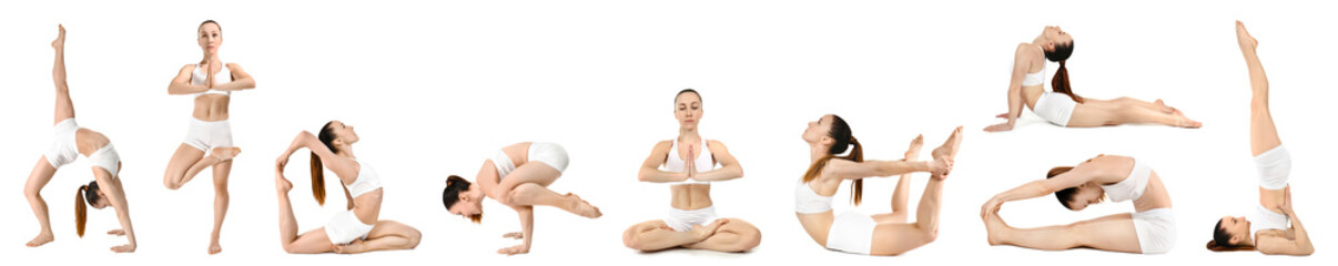 Collage with sporty woman practicing yoga on white background