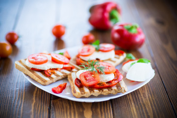 Closeup of a fresh sandwich with mozzarella, tomatoes