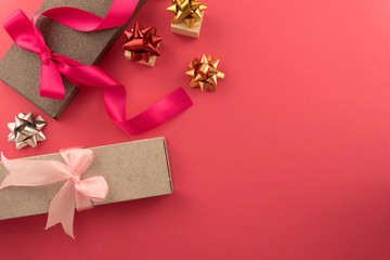 Top view  xmas present box with silver sparkle with red background,Banner mock up for adding your text,chrismas Gift giving on holiday seasonal concept.