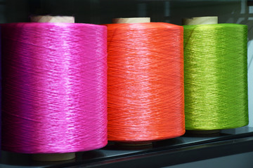Three Large colorful polypropylene threads set. Pink, red, green  bobbin thread. Polypropylene multifilament yarns.