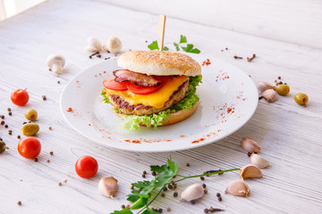 Burger on wooden light background, fast food, street food