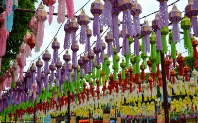 Thai-pattern fabric lamps hanging in lampion festival 