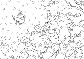 Friendly smiling squirrel with a beautiful bag of Christmas gifts and nuts on a snow-covered branch of a fir in a winter forest on a snowy day, black and white vector cartoon illustration