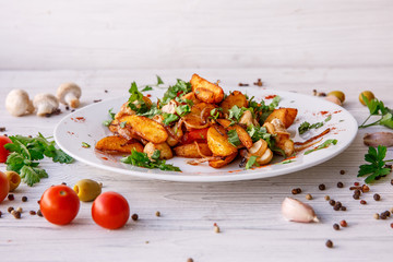 fried potatoes with mushrooms meat onions on a plate wooden white background