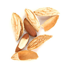 Tasty almonds on white background