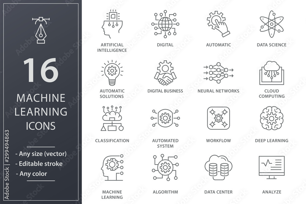Poster machine learning line icons set. black vector illustration. editable stroke.