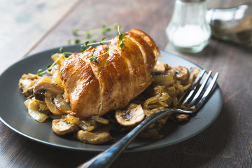 Fried Chicken Fillet with Mushrooms and Onions