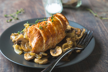 Fried Chicken Fillet with Mushrooms and Onions