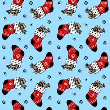 SKELETON IS SITTING IN A CHRISTMAS STOCKING SEAMLESS PATTERN COLOR BLUE BACKGROUND