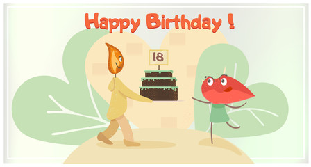 Happy Birthday. Cartoon burning candle gives cream cake to female lips. Universal birthday card for girl. Congratulations on your eighteenth birthday. Cartoon vector illustration.
