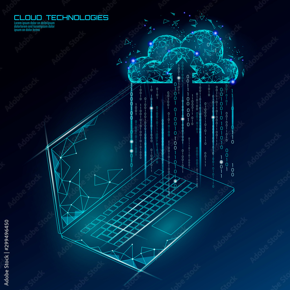 Poster cloud computing online storage low poly. polygonal future modern internet business technology. blue 
