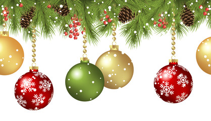seamless christmas baubles concept with fir branches