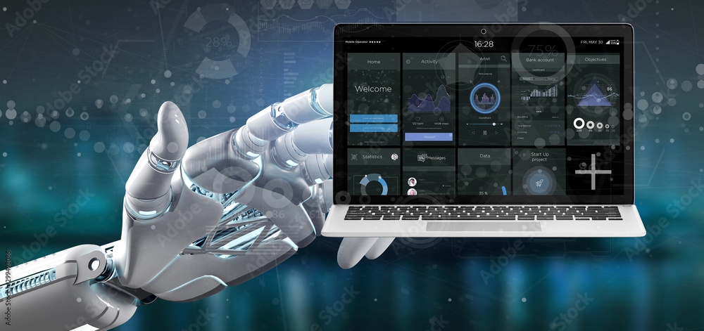 Poster cyborg hand holding laptop with business user interface data on the screen isolated on a background