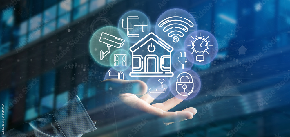 Poster businessman holding smart home interface with icon, stats and data 3d rendering